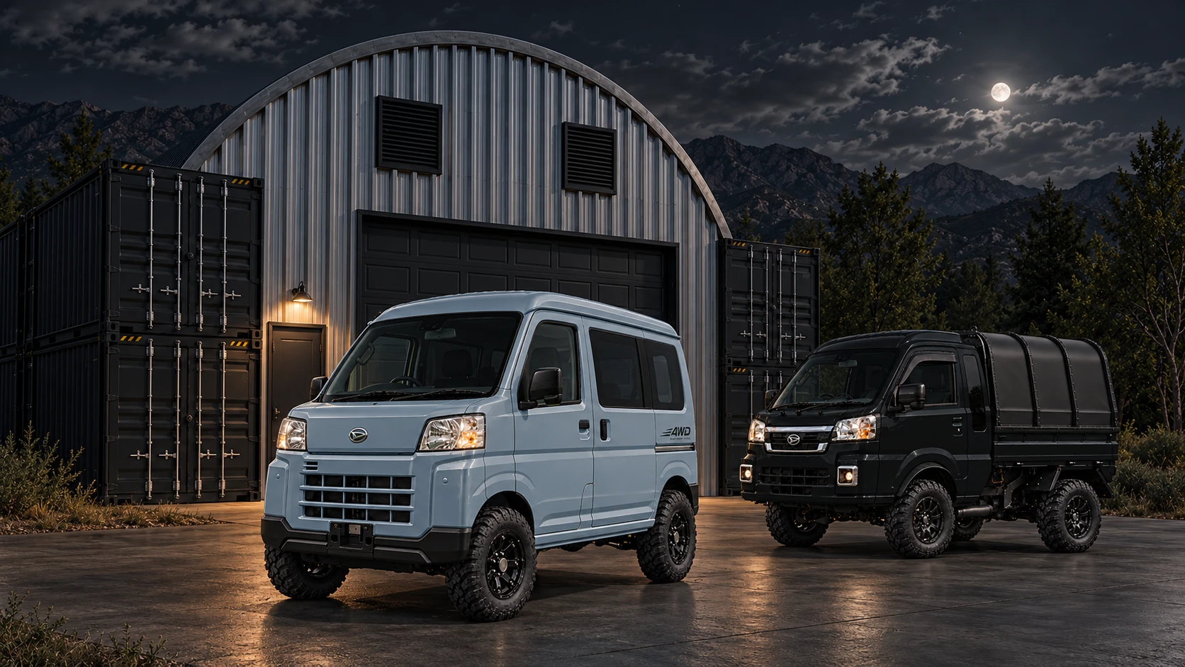Generated silver-blue Hijet Cargo van and black canopy Jumbo outside an imagined Quonset workshop at night.