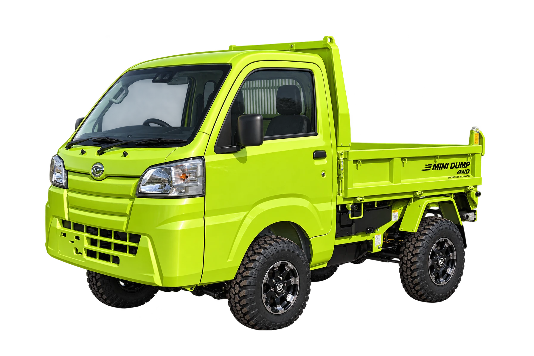 Generated lime Mini Dump, front three-quarter design view